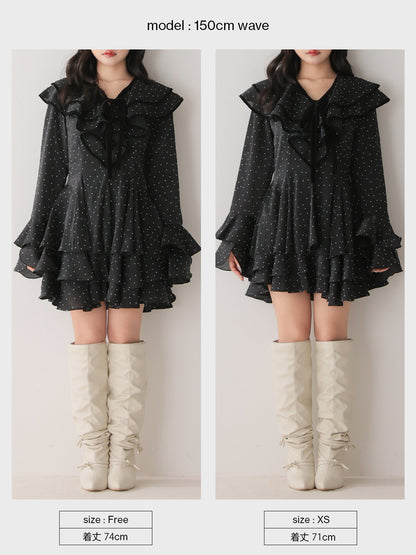 【Pre Order】Bell sleeve dot lame chiffon mini onepiece(eme10875)