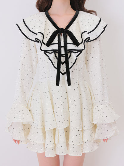 【Pre Order】Bell sleeve dot lame chiffon mini onepiece(eme10875)