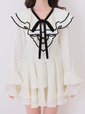 【Pre Order】Bell sleeve dot lame chiffon mini onepiece(eme10875)