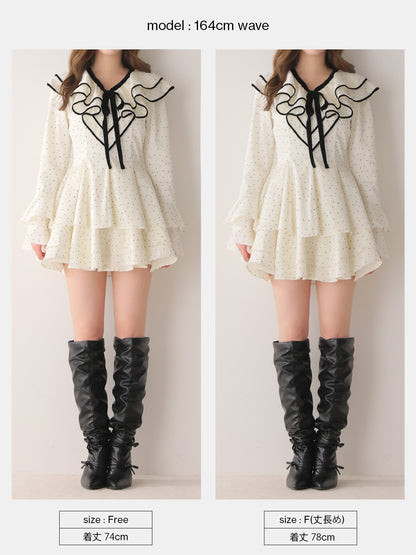 【Pre Order】Bell sleeve dot lame chiffon mini onepiece(eme10875)