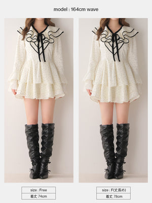 【Pre Order】Bell sleeve dot lame chiffon mini onepiece(eme10875)