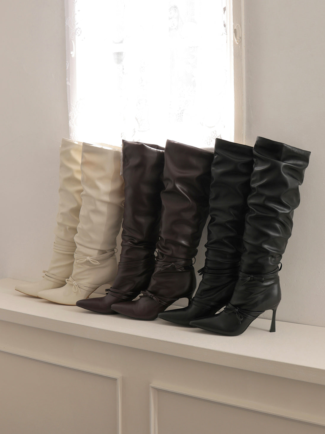 Cherie ribbon gathered long boots(eme10876)