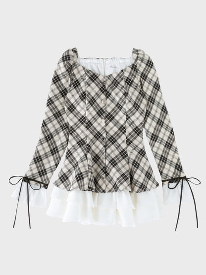 【Pre Order】Check twill chiffon flare mini onepiece(eme10882)