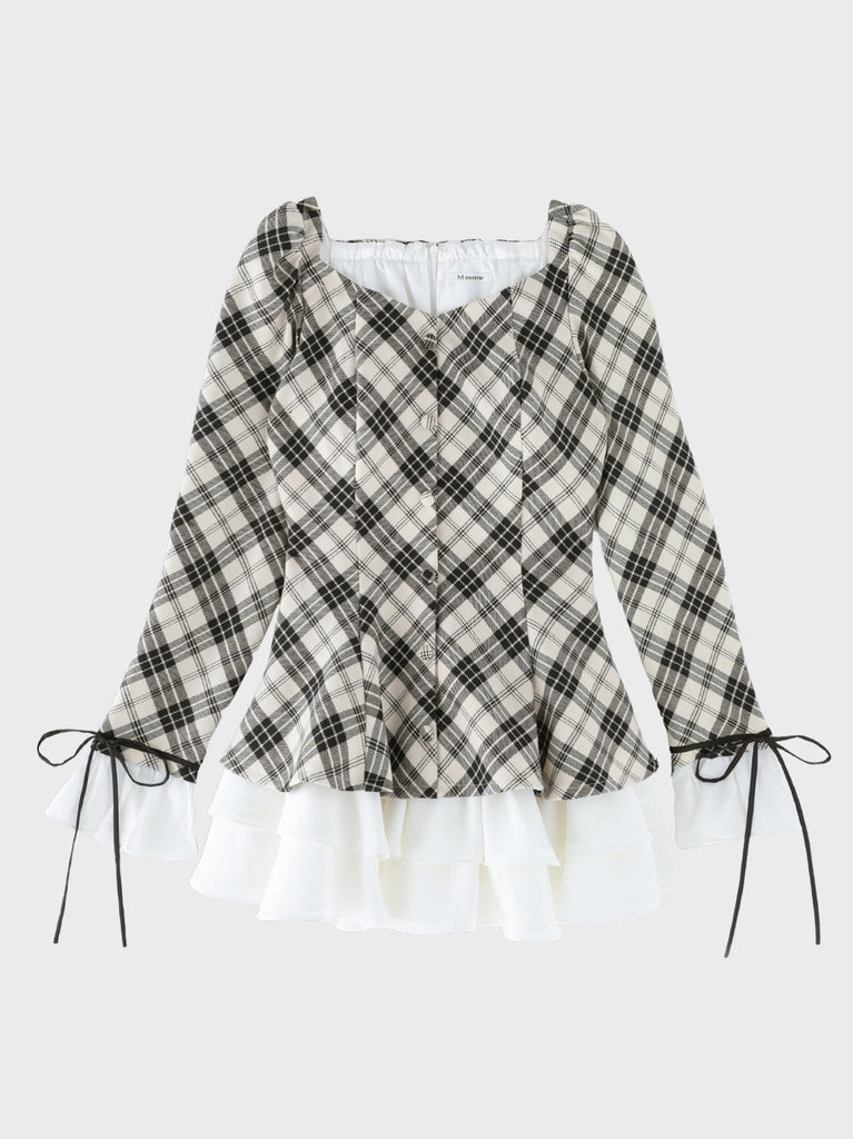 【Pre Order】Check twill chiffon flare mini onepiece(eme10882)