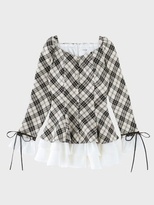 【Pre Order】Check twill chiffon flare mini onepiece(eme10882)