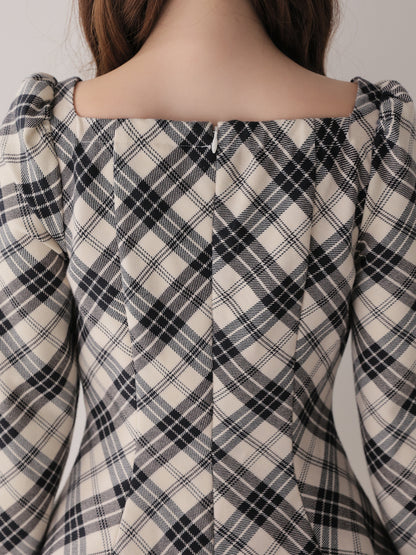 【Pre Order】Check twill chiffon flare mini onepiece(eme10882)