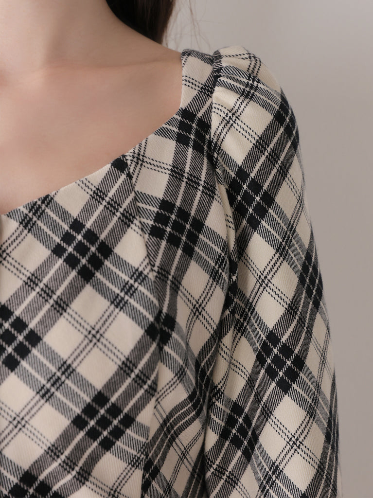 【Pre Order】Check twill chiffon flare mini onepiece(eme10882)