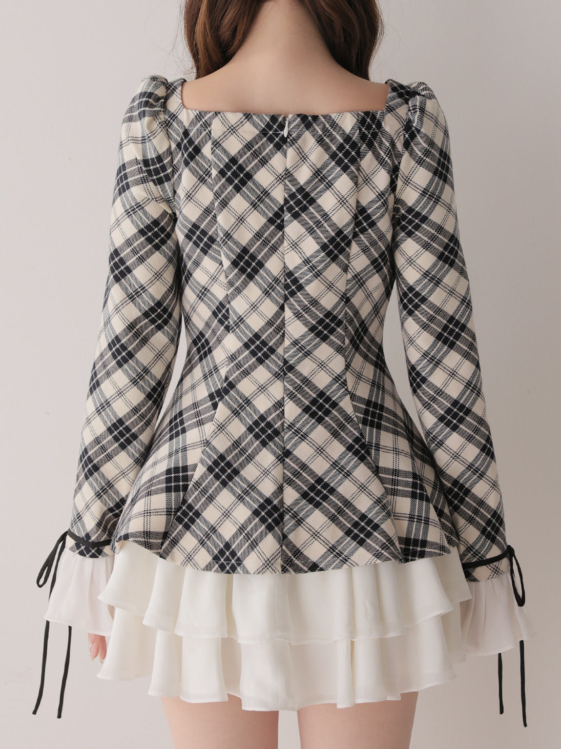 【Pre Order】Check twill chiffon flare mini onepiece(eme10882)