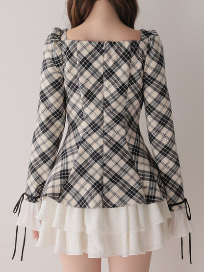 【Pre Order】Check twill chiffon flare mini onepiece(eme10882)