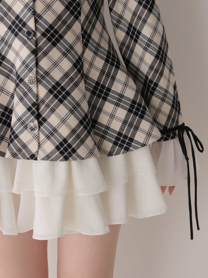 【Pre Order】Check twill chiffon flare mini onepiece(eme10882)