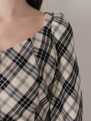 【Pre Order】Check twill chiffon flare mini onepiece(eme10882)