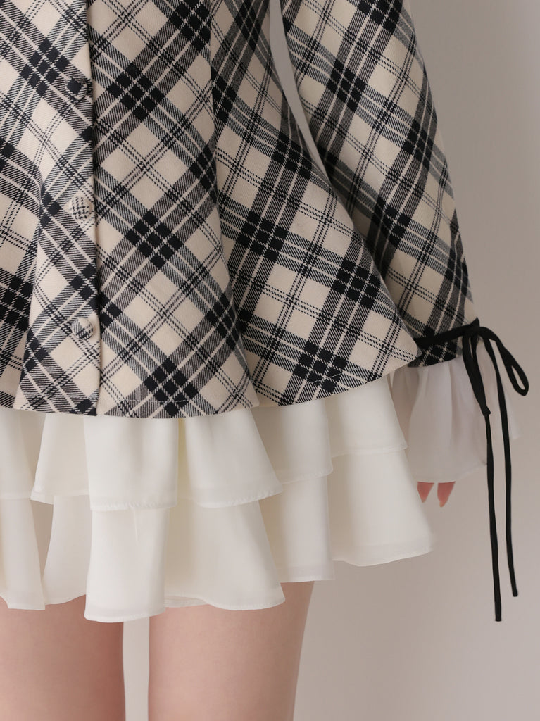 【Pre Order】Check twill chiffon flare mini onepiece(eme10882)
