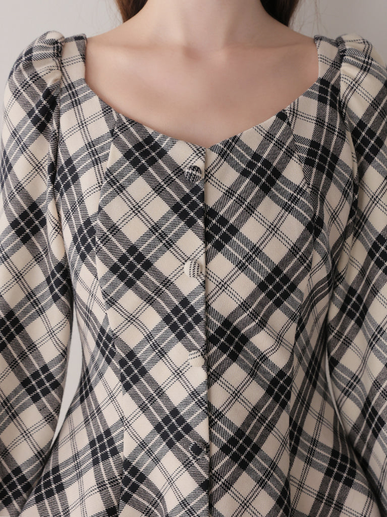 【Pre Order】Check twill chiffon flare mini onepiece(eme10882)