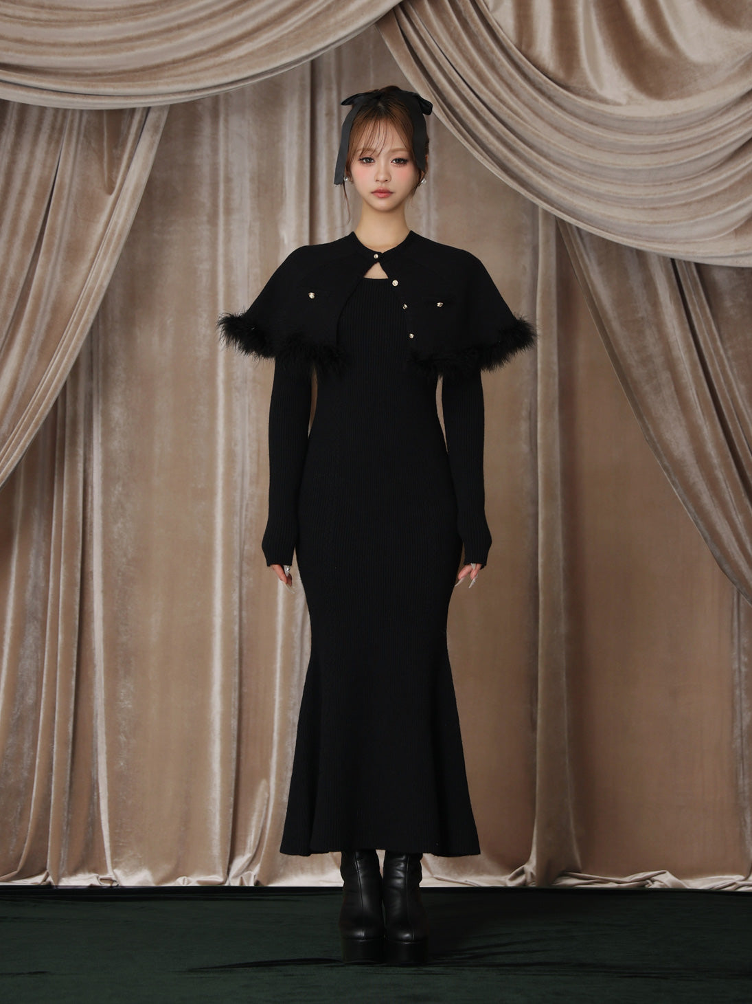 【Pre Order】Luxe feather cape knit onepiece(eme10901)