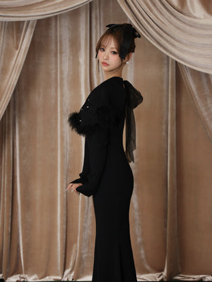 【Pre Order】Luxe feather cape knit onepiece(eme10901)