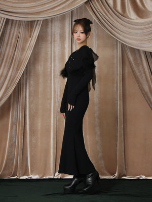 【Pre Order】Luxe feather cape knit onepiece(eme10901)