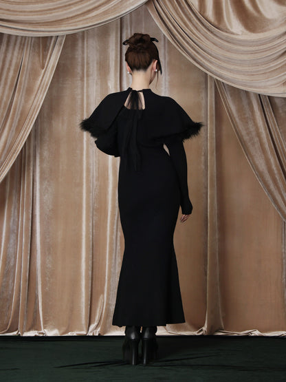 【Pre Order】Luxe feather cape knit onepiece(eme10901)