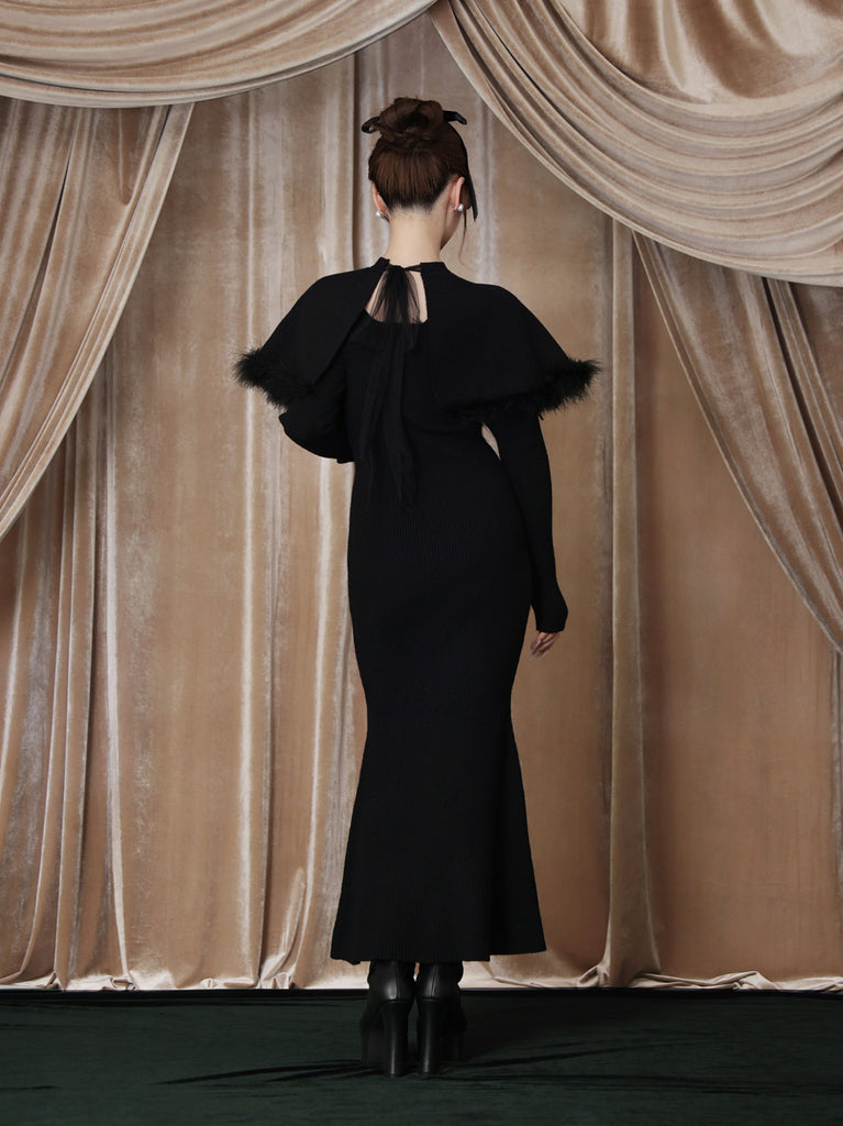 【Pre Order】Luxe feather cape knit onepiece(eme10901)