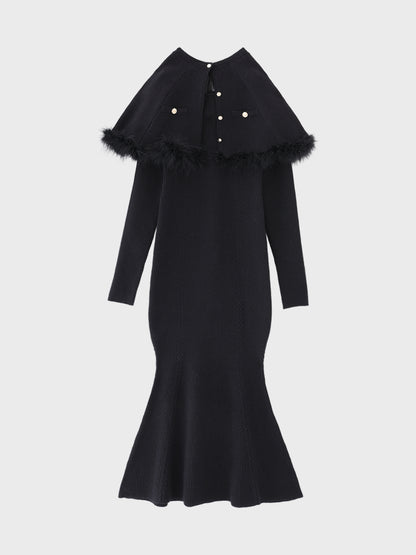 【Pre Order】Luxe feather cape knit onepiece(eme10901)