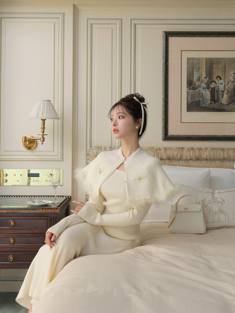 【Pre Order】Luxe feather cape knit onepiece(eme10901)