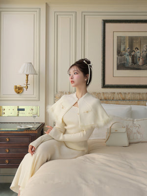 【Pre Order】Luxe feather cape knit onepiece(eme10901)