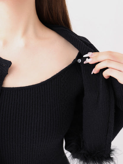 【Pre Order】Luxe feather cape knit onepiece(eme10901)