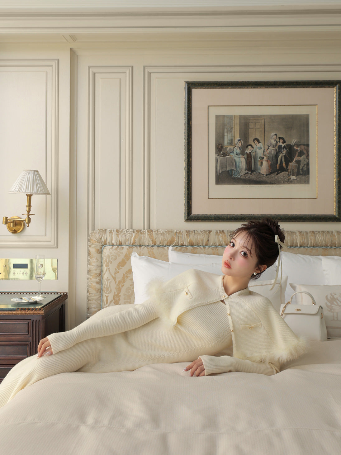 【Pre Order】Luxe feather cape knit onepiece(eme10901)