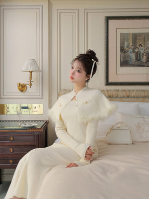 【Pre Order】Luxe feather cape knit onepiece(eme10901)