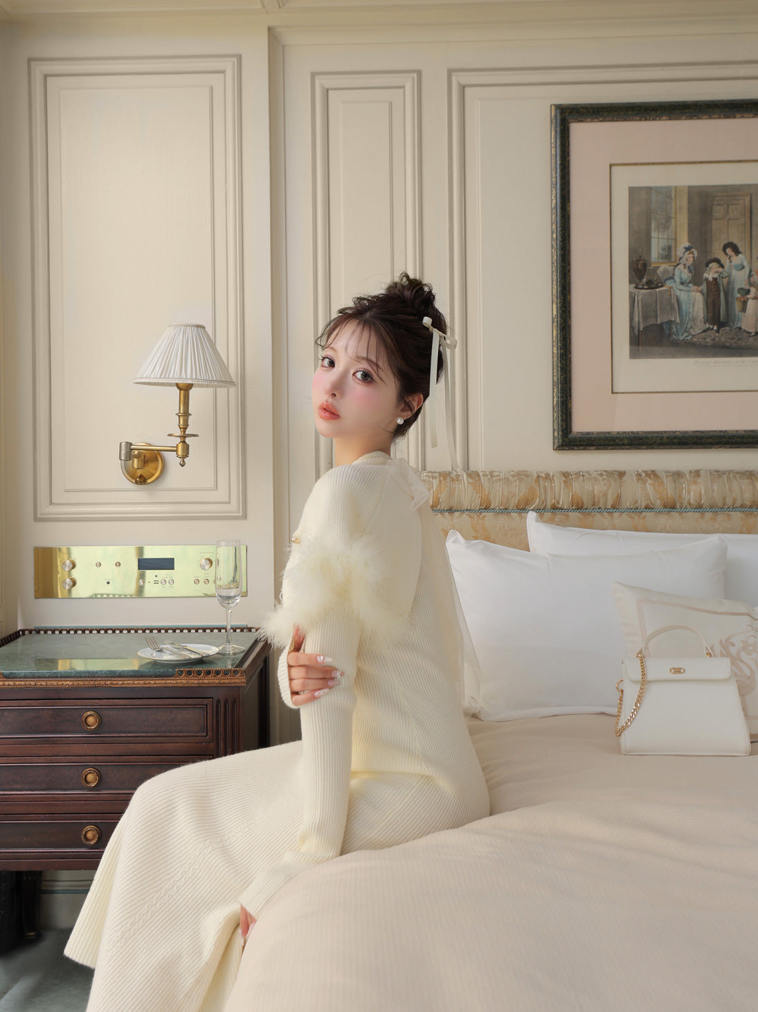 【Pre Order】Luxe feather cape knit onepiece(eme10901)