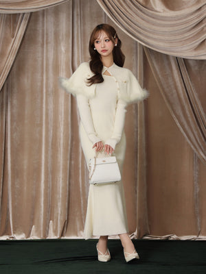 【Pre Order】Luxe feather cape knit onepiece(eme10901)