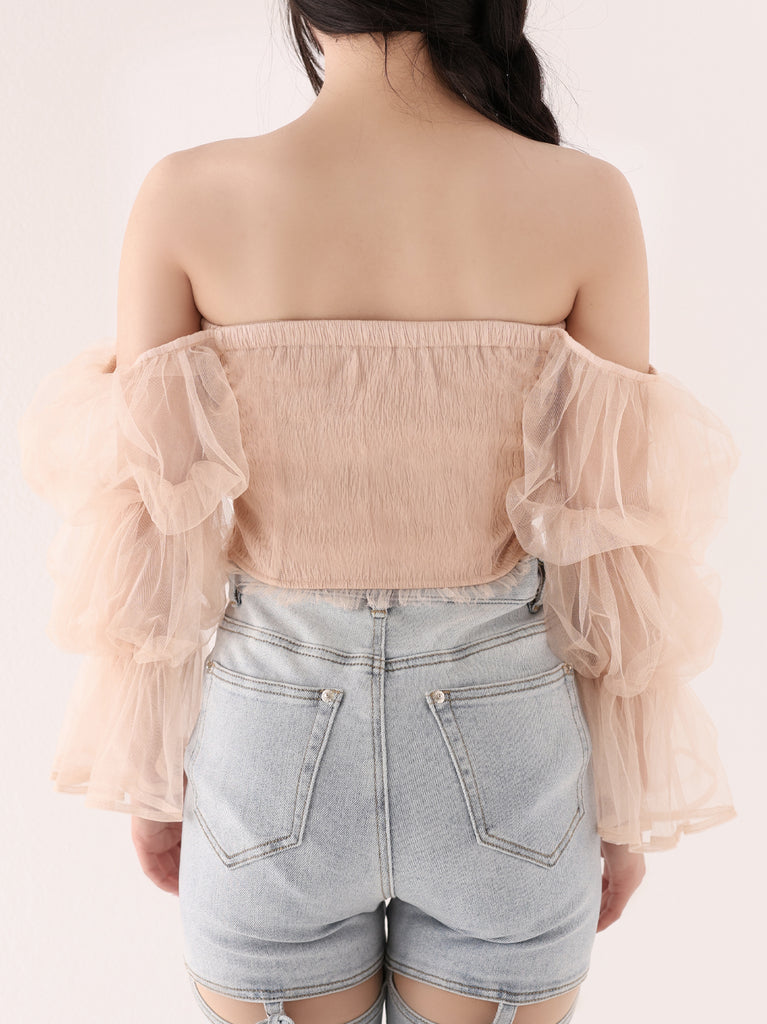 Ribbon tulle candy sleeve tops(eme10902)