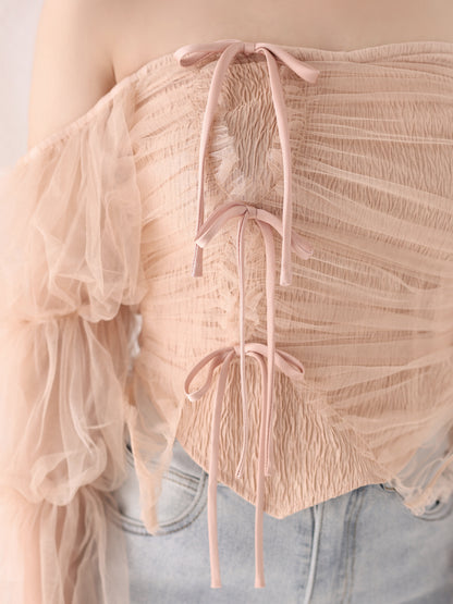 Ribbon tulle candy sleeve tops(eme10902)