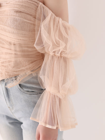 Ribbon tulle candy sleeve tops(eme10902)