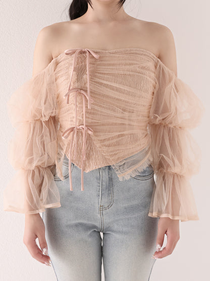 Ribbon tulle candy sleeve tops(eme10902)