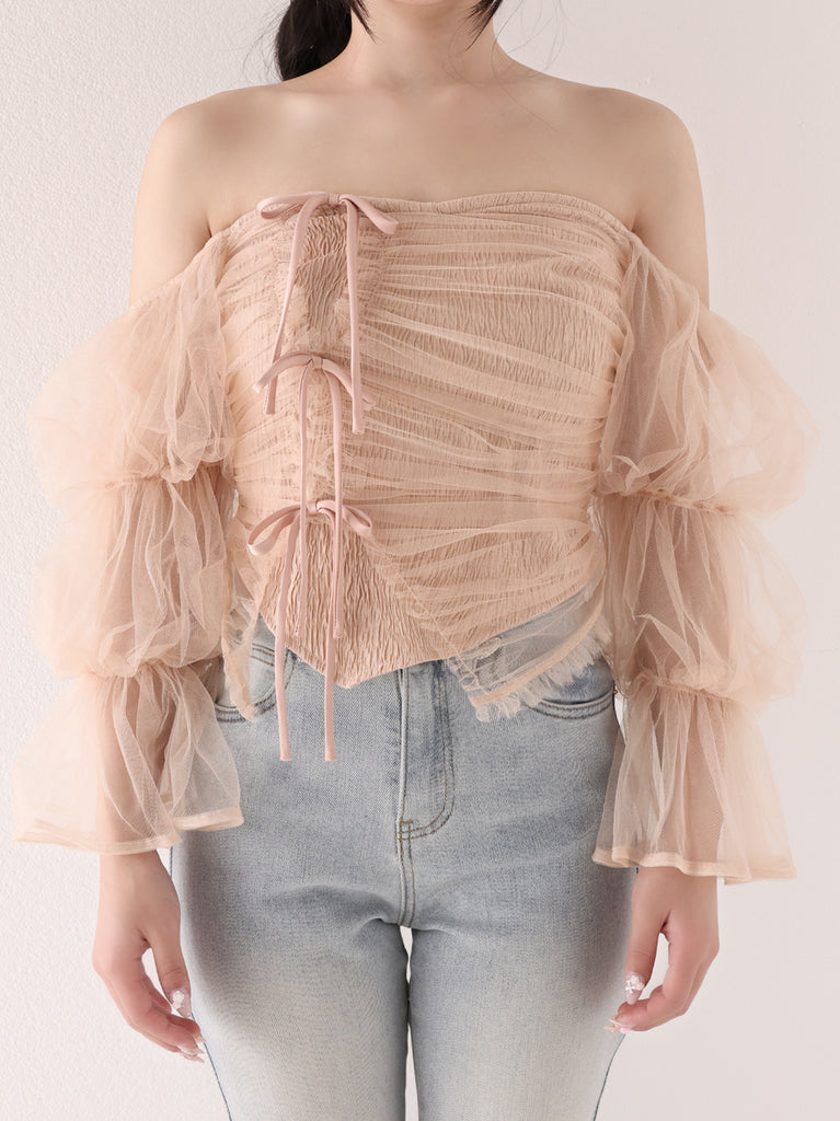 Ribbon tulle candy sleeve tops(eme10902)