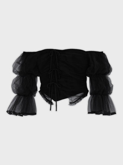 Ribbon tulle candy sleeve tops(eme10902)