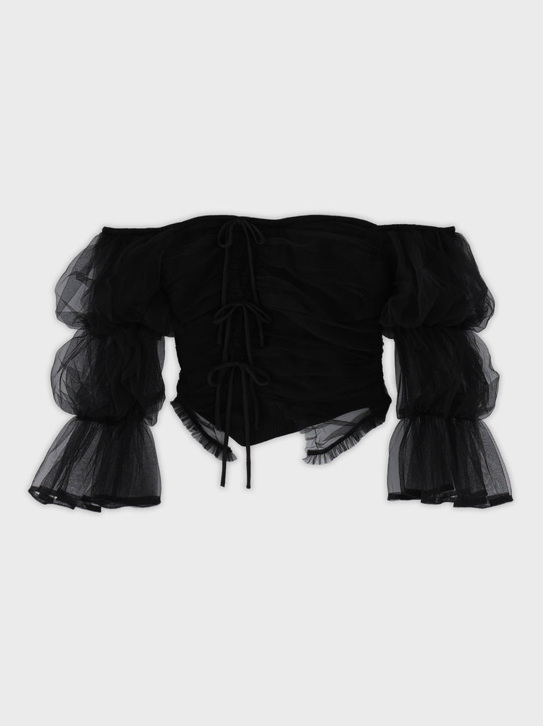 Ribbon tulle candy sleeve tops(eme10902)