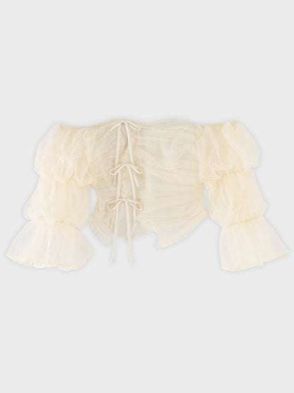 Ribbon tulle candy sleeve tops(eme10902)