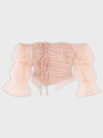 Ribbon tulle candy sleeve tops(eme10902)