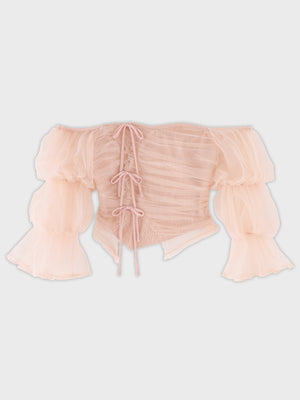 Ribbon tulle candy sleeve tops(eme10902)