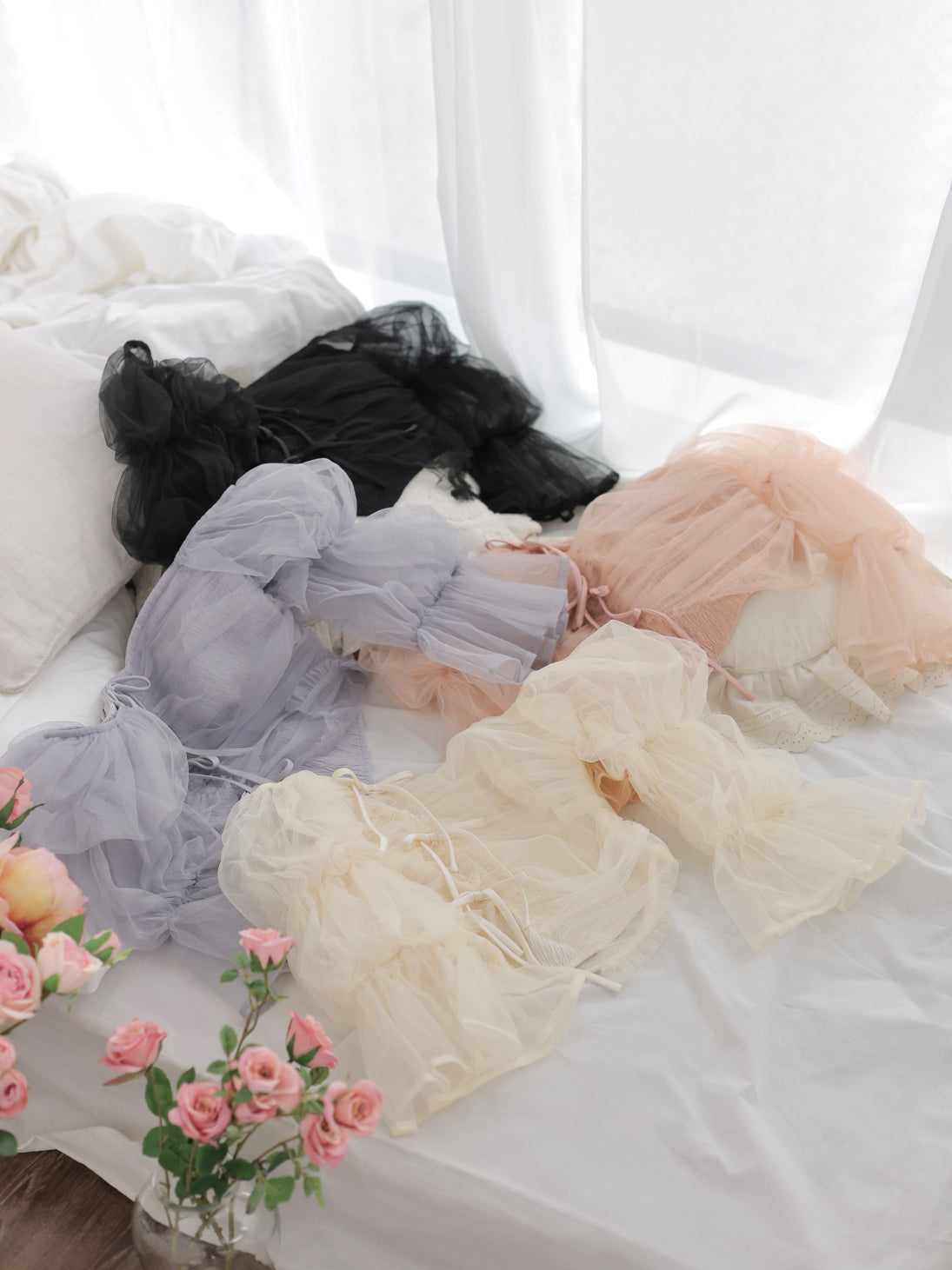 Ribbon tulle candy sleeve tops(eme10902)