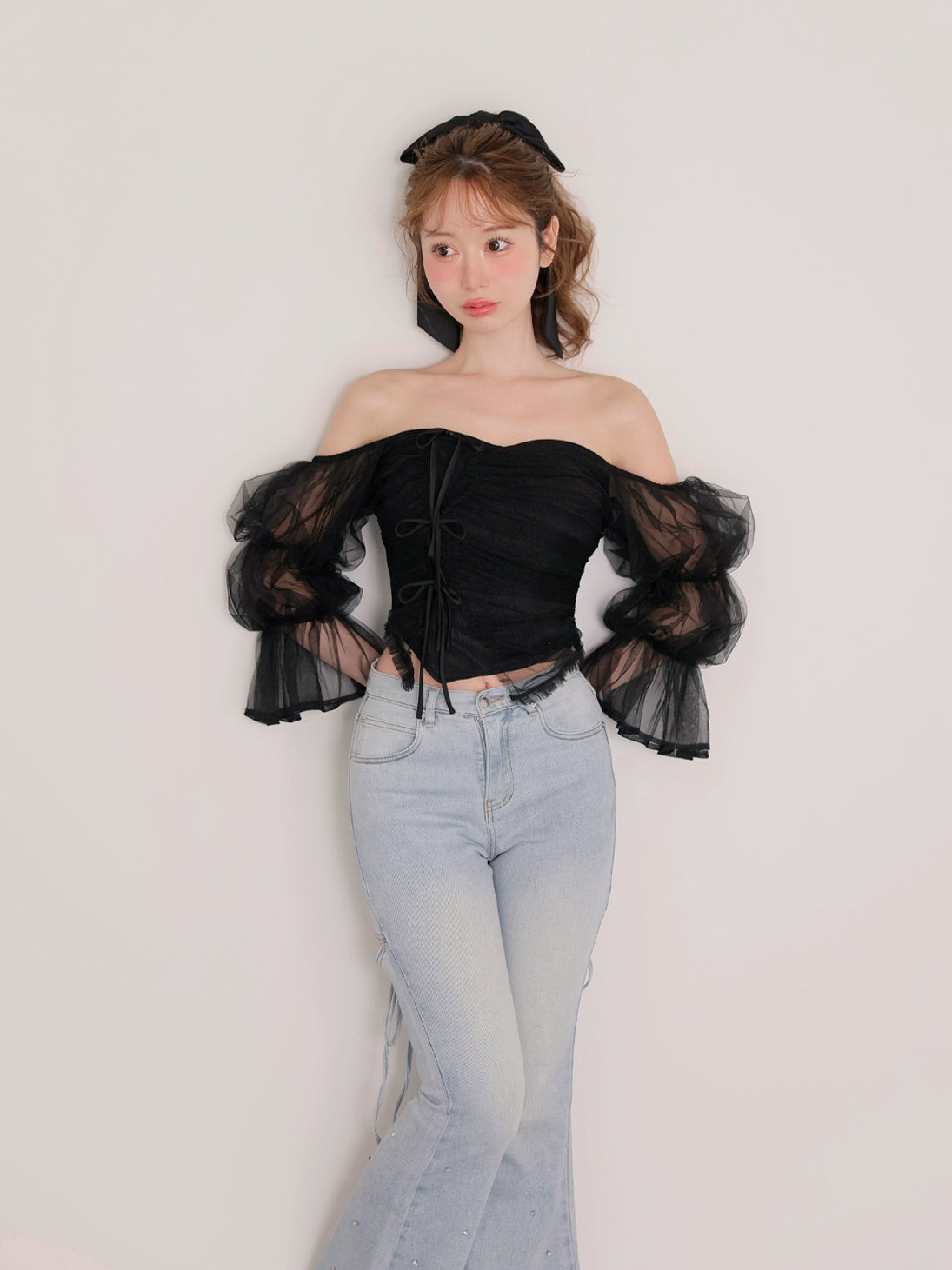 ゆ Ribbon tulle candy sleeve tops Ribbon Tulle Candy Sleeve Top (eme10902) – M me eme