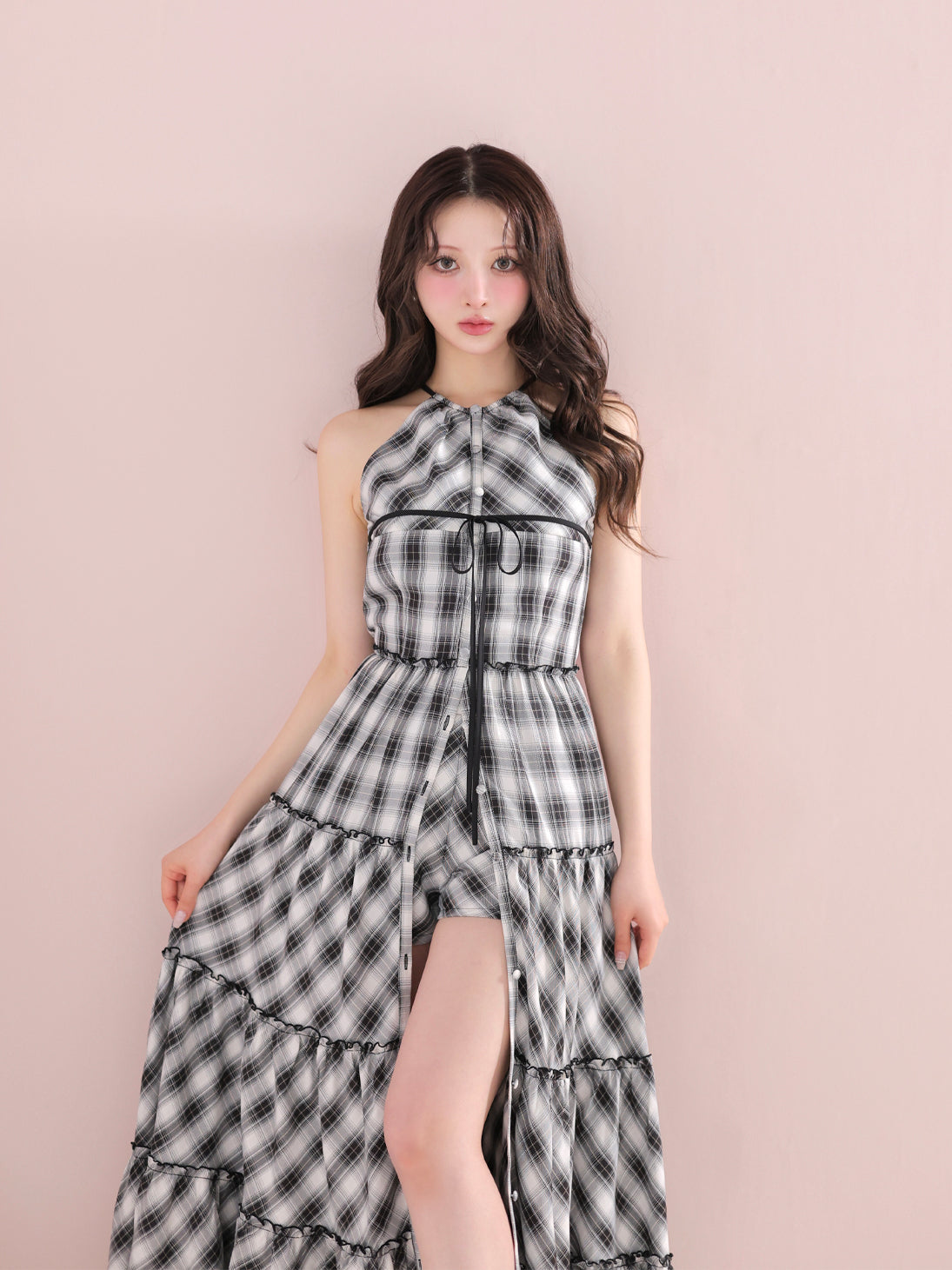 Halter check slit long onepiece(eme10903) – M me eme
