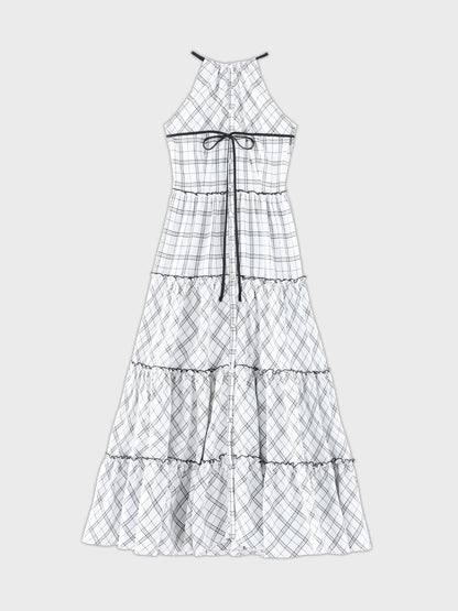 【Pre Order】Halter check slit long onepiece(eme10903)