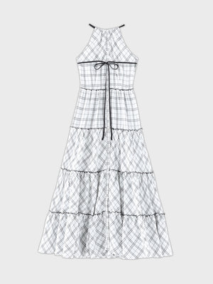 【Pre Order】Halter check slit long onepiece(eme10903)