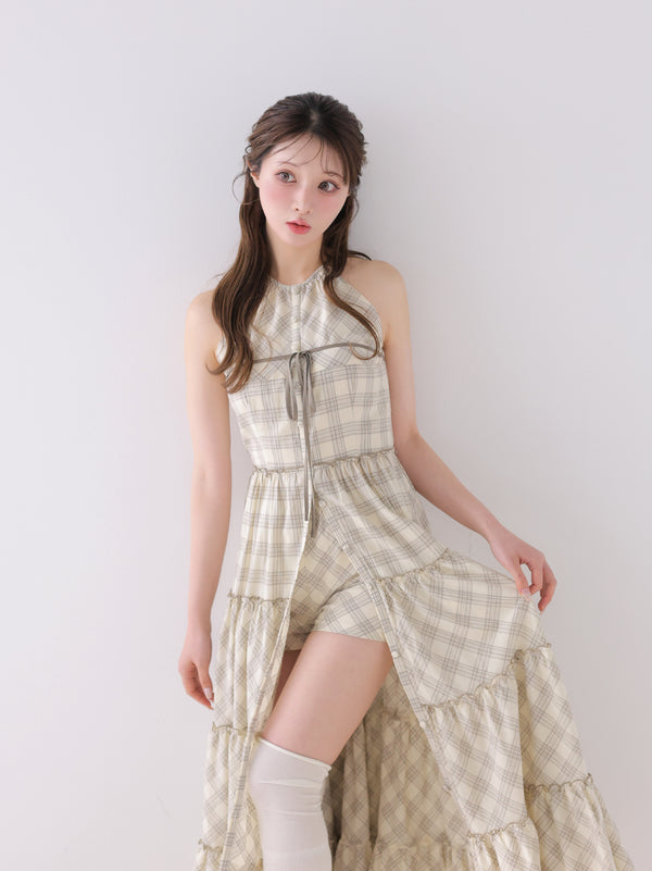 【Pre Order】Halter check slit long onepiece(eme10903)