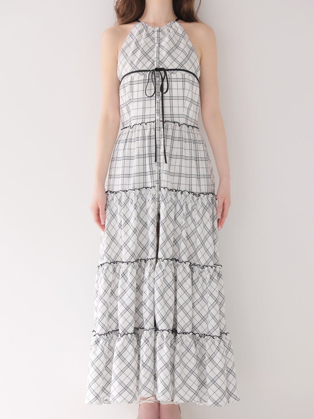 Pre Order】Halter check slit long onepiece(eme10903) – M me eme