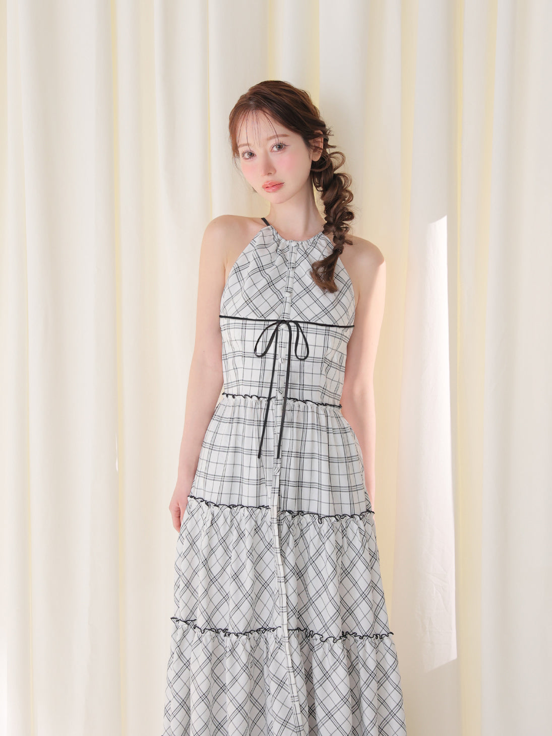 Pre Order】Halter check slit long onepiece(eme10903) – M me eme