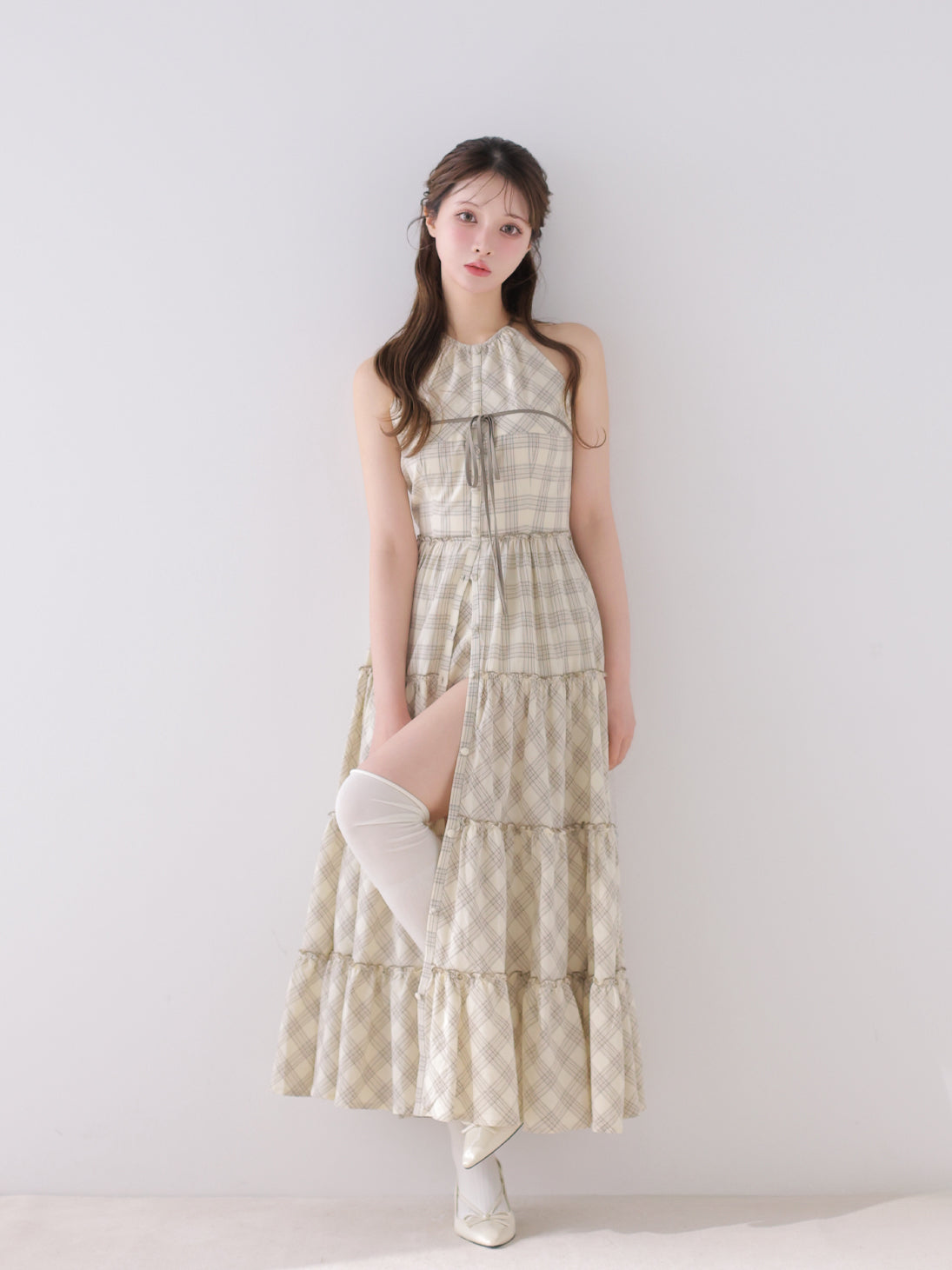 Pre Order】Halter check slit long onepiece(eme10903) – M me eme