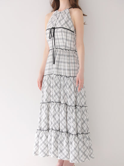 【Pre Order】Halter check slit long onepiece(eme10903)